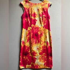 Chetta B Pink Floral Sheath Midi Scoop Neck Sleeveless Cotton Dress Sz 8